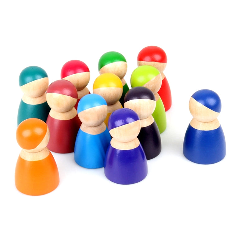 12-piece rainbow wooden peg doll set, colorful figures with light wood neck pieces