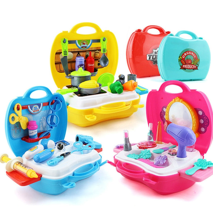Children pretend play multi-theme suitcase toy set with kitchen, doctor, tools, and fashion
