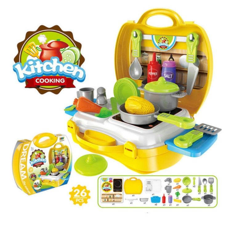 Children cooking kitchen play suitcase with pots, pans, and utensils