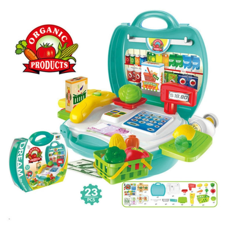 Children organic grocery play suitcase with checkout screen and food items