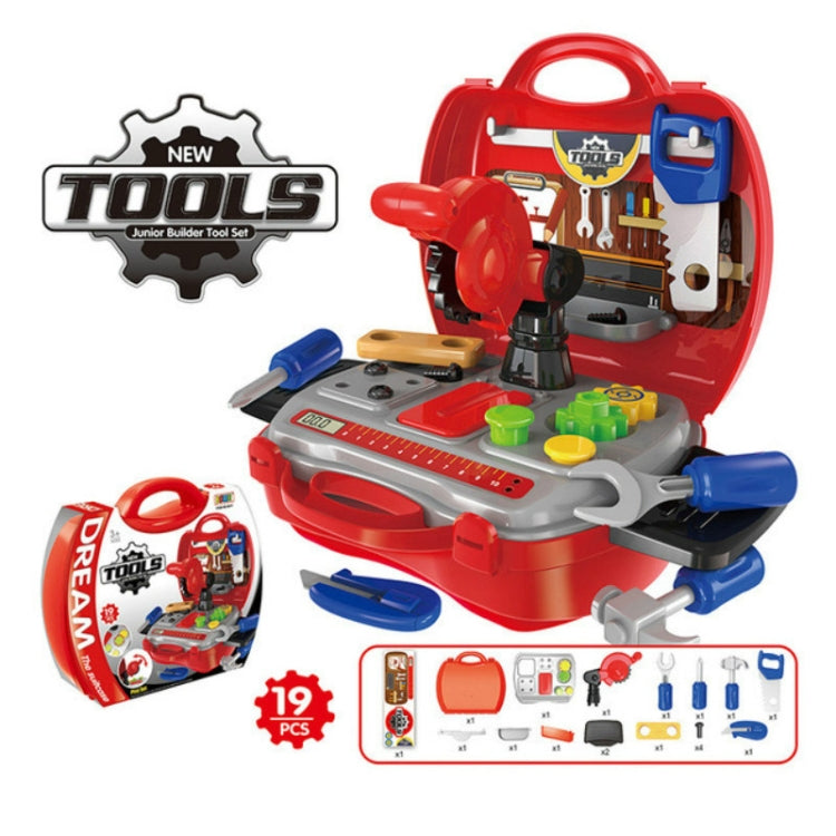 Children junior builder tools play suitcase with drill, saw, and wrench