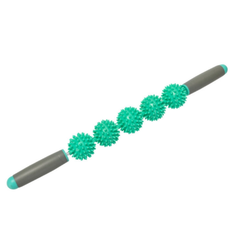 Hedgehog ball massage roller stick with green spiked balls and gray handle