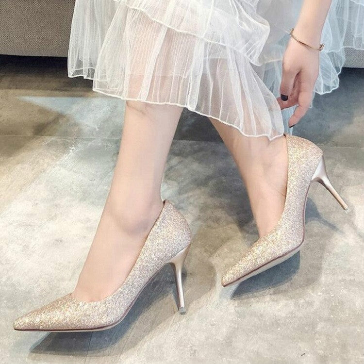 Women’s glitter stiletto pumps, frosted gold, pointed toe, slim high heel