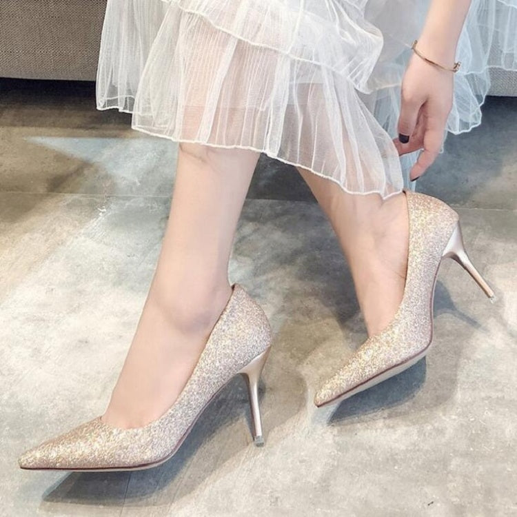 Women’s frosted gold glitter stiletto pumps with pointed toe and slim high heel