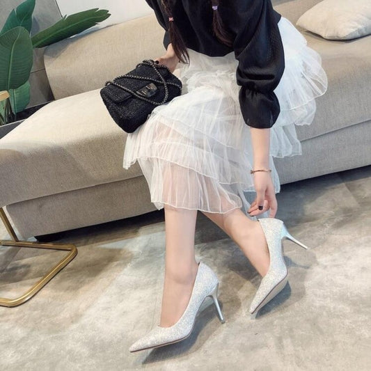 Women’s frosted silver glitter stiletto pumps, pointed toe, slim high heel