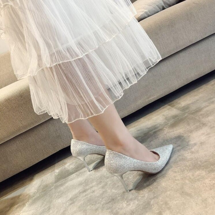 Women’s silver glitter stiletto pumps with kitten heel and pointed toe