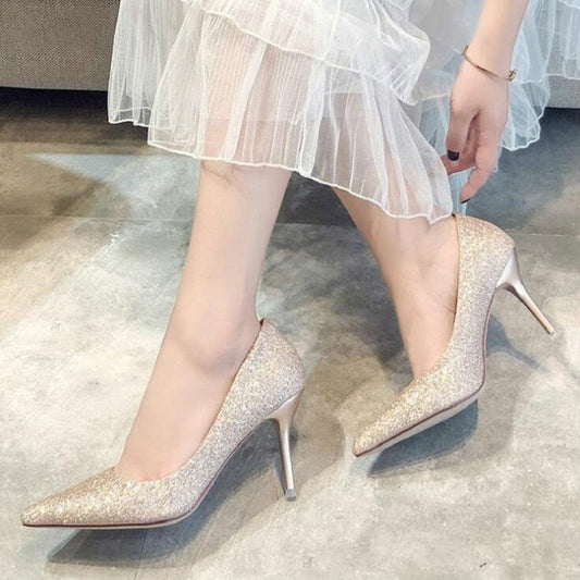 Women’s glitter stiletto pumps, frosted gold, pointed toe, slim high heel
