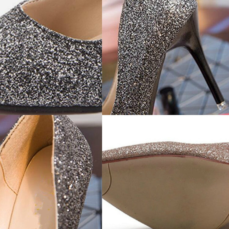 Close-up of sparkly glitter stiletto shoe upper, pointed toe, textured frosted finish