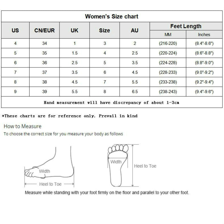 Women’s size chart table with US, UK, EU, and foot length measurements