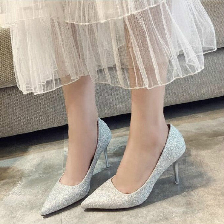Women’s frosted silver glitter pumps, pointed toe, slim stiletto heel