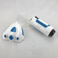 White-and-blue wrist spray water gun with clear hose and nozzle details