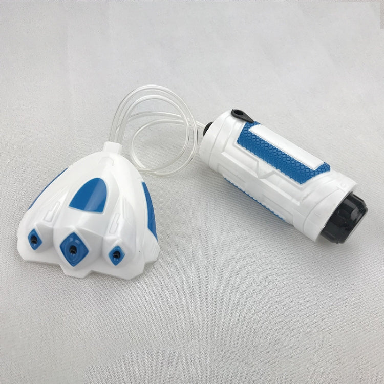 White-and-blue wrist spray water gun with clear hose and nozzle details