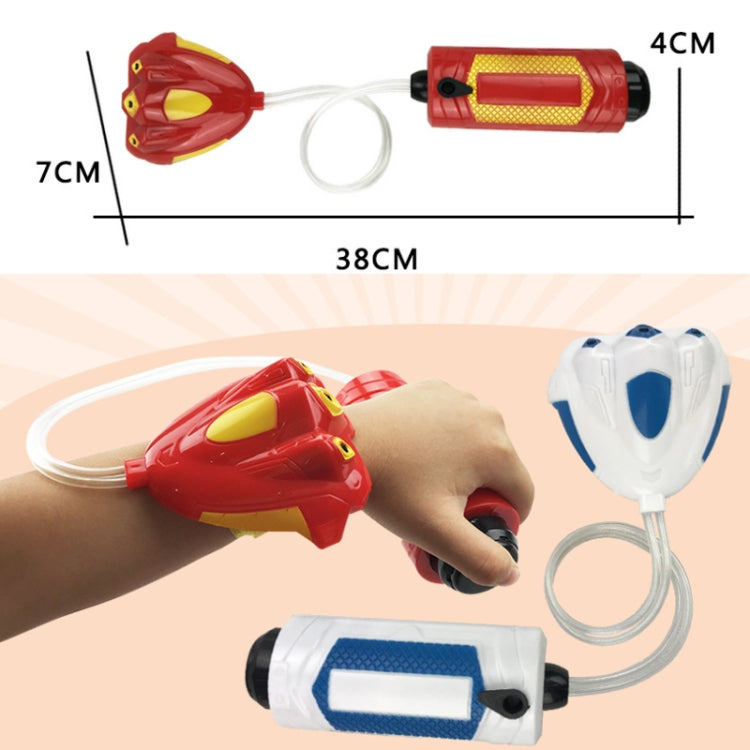 Red wrist spray water gun with clear hose and included size diagram