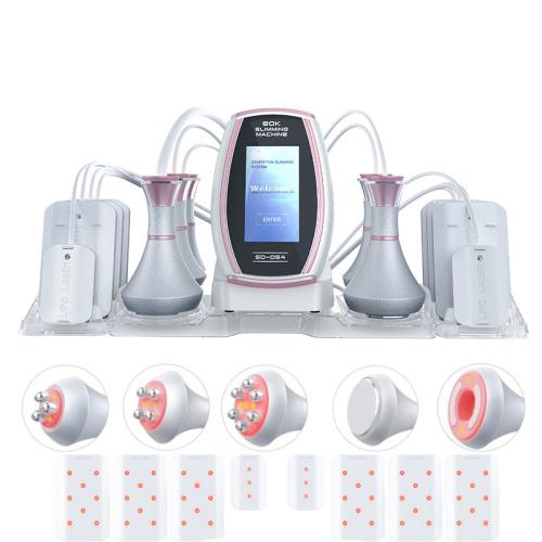 6-in-1 slimming machine kit with pink trim, screen display, and suction handpieces