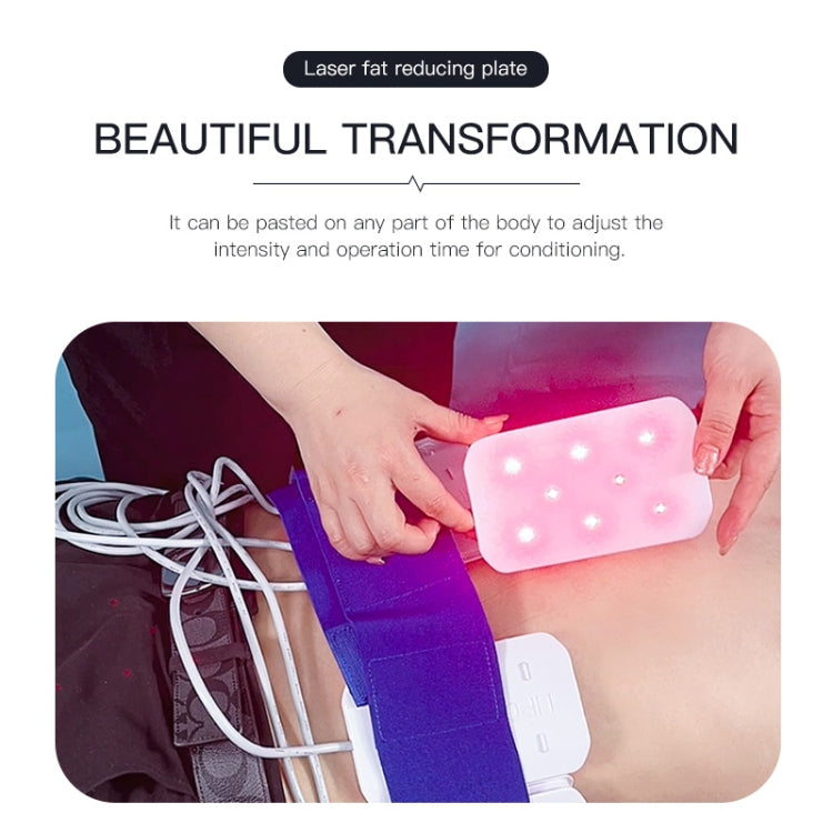Laser treatment panel with LED lights held on upper thigh during slimming session