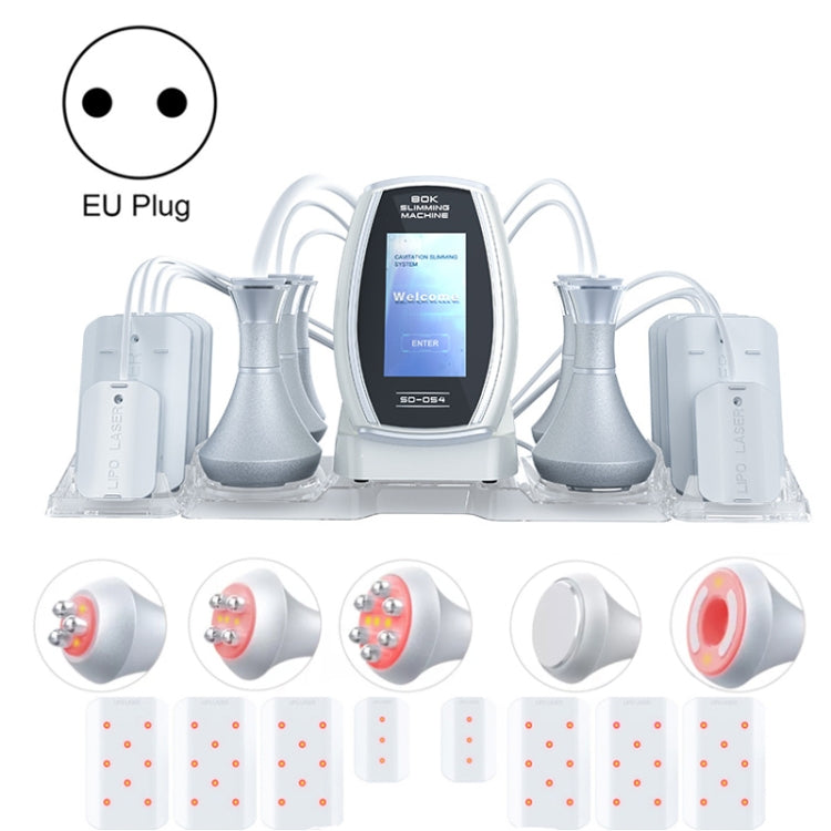 6-in-1 slimming machine kit with EU plug, silver trim, display screen, and handpieces