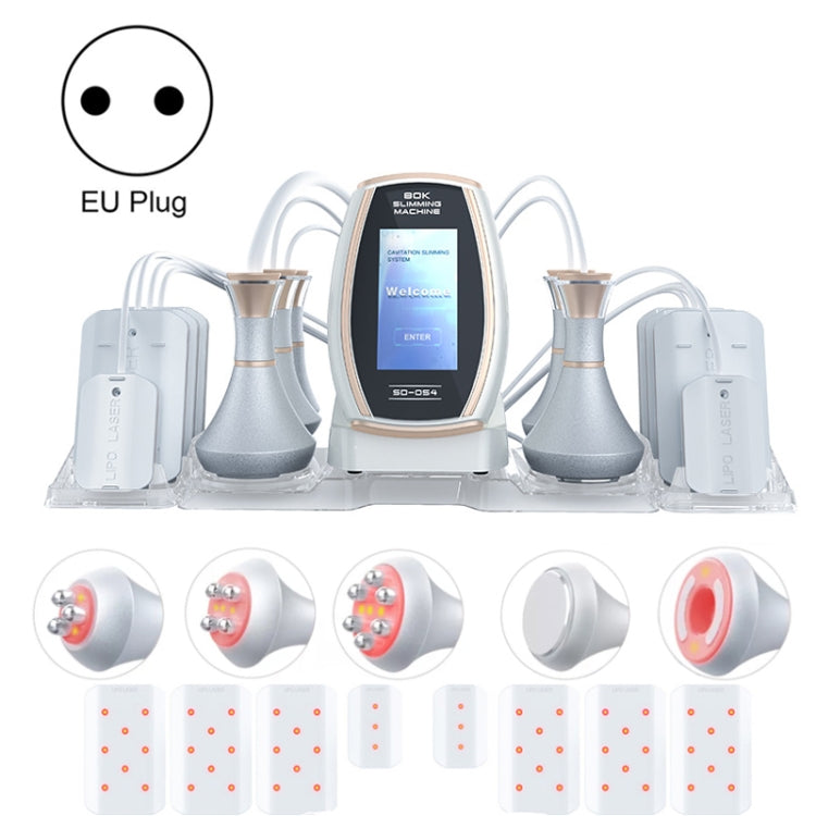 6-in-1 slimming machine kit with EU plug, gold trim, display screen, and handpieces