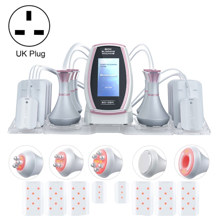 6-in-1 slimming machine kit with UK plug, pink trim, display screen, and handpieces