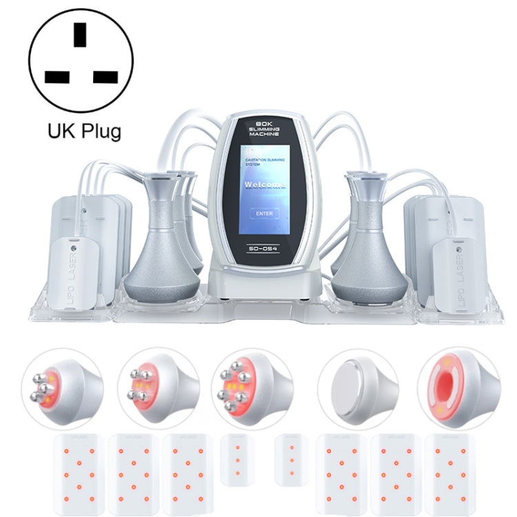 6-in-1 slimming machine kit with UK plug, gold trim, display screen, and handpieces