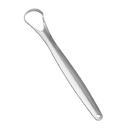 Long-handled stainless steel tongue scraper with oval cleaning edge and loop handle