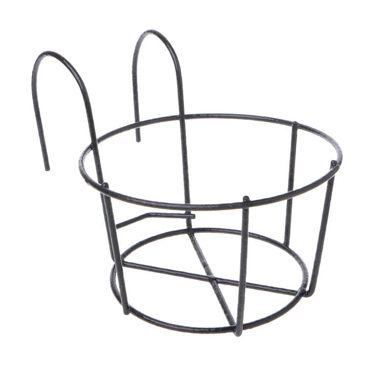 Black round metal flower pot stand with two-tier circular basket, front angle view
