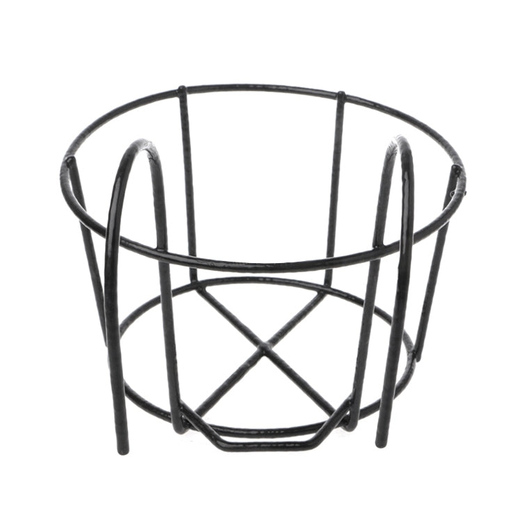 Black round metal flower pot stand with two-tier circular basket, arched side rails