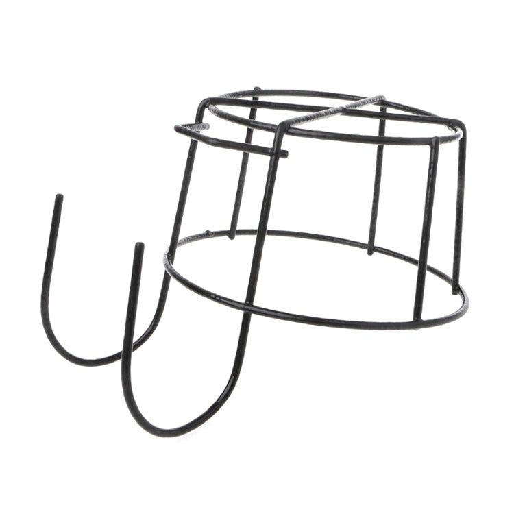 Black round metal flower pot stand with two-tier basket and curved wall-mount hooks
