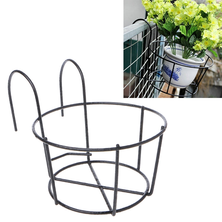 Black round metal flower pot stand with two-tier circular basket, angled side view