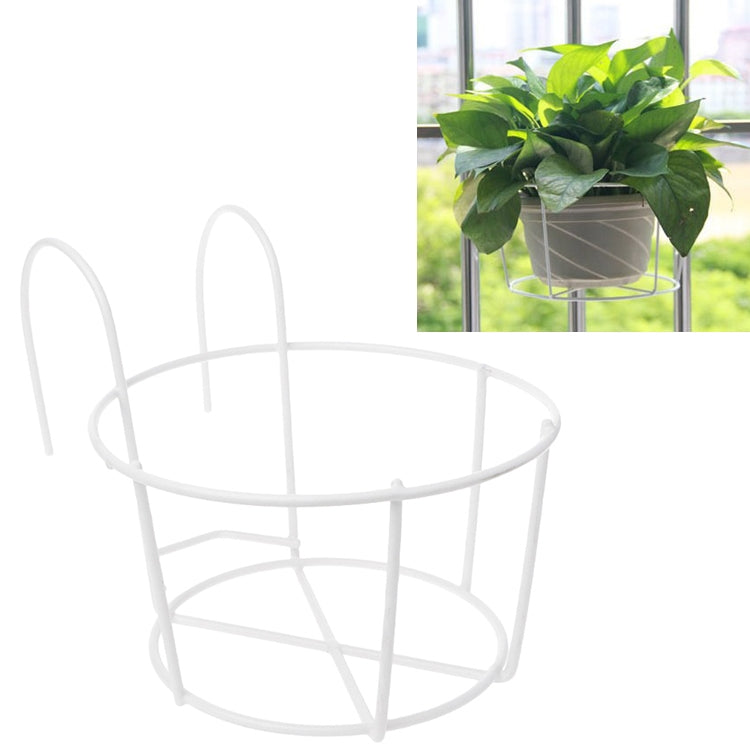 White round metal flower pot holder with wire mesh sides and circular base frame