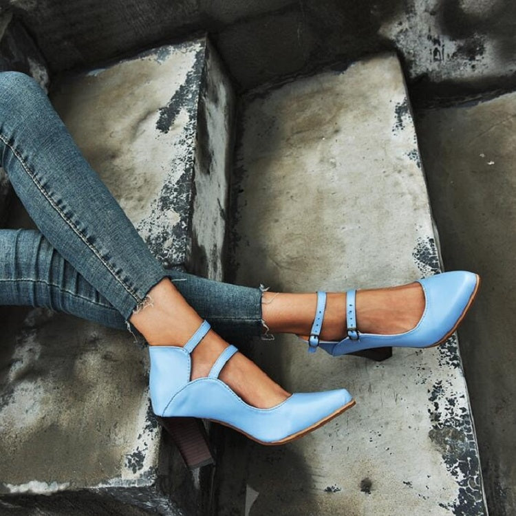 Women’s blue double-buckle heeled sandals with ankle straps and block heel