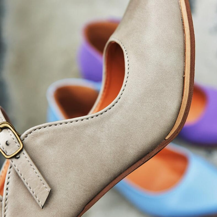 Women’s taupe suede-look heel shoe with side cutout and partial ankle buckle