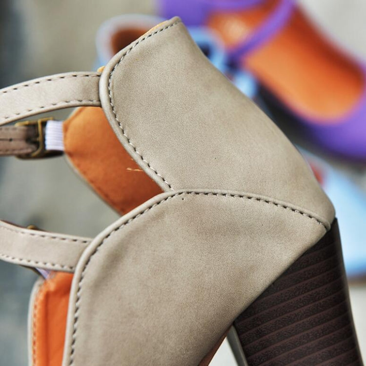 Women’s taupe heeled sandal shoe with ankle straps, metal buckle, and textured heel