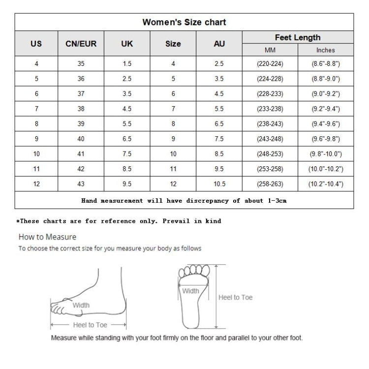Women’s size chart with US, UK, EU, and foot length measurements