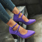 Purple double-buckle heel shoes with ankle straps and chunky block heel