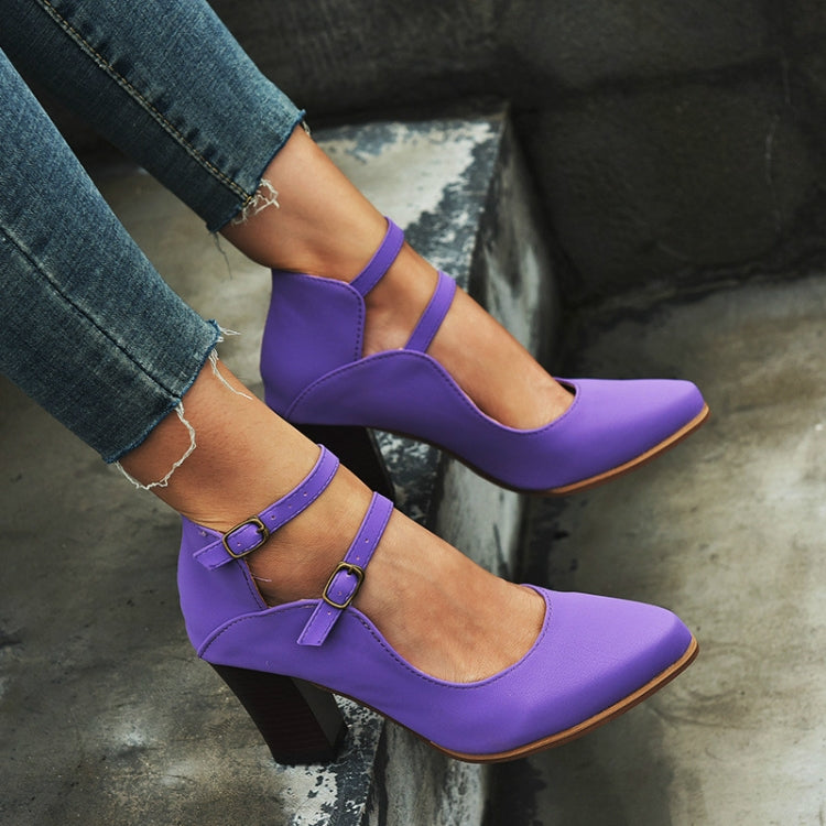 Violet double-buckle block heel pumps with ankle straps and pointed toe
