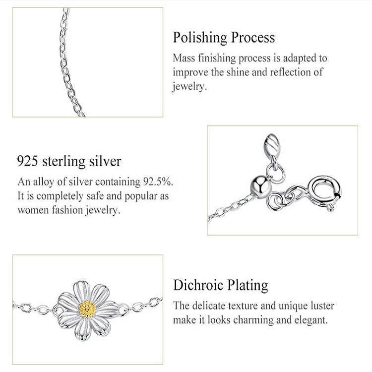 Dichroic daisy bracelet with yellow center flower charms on silver chain