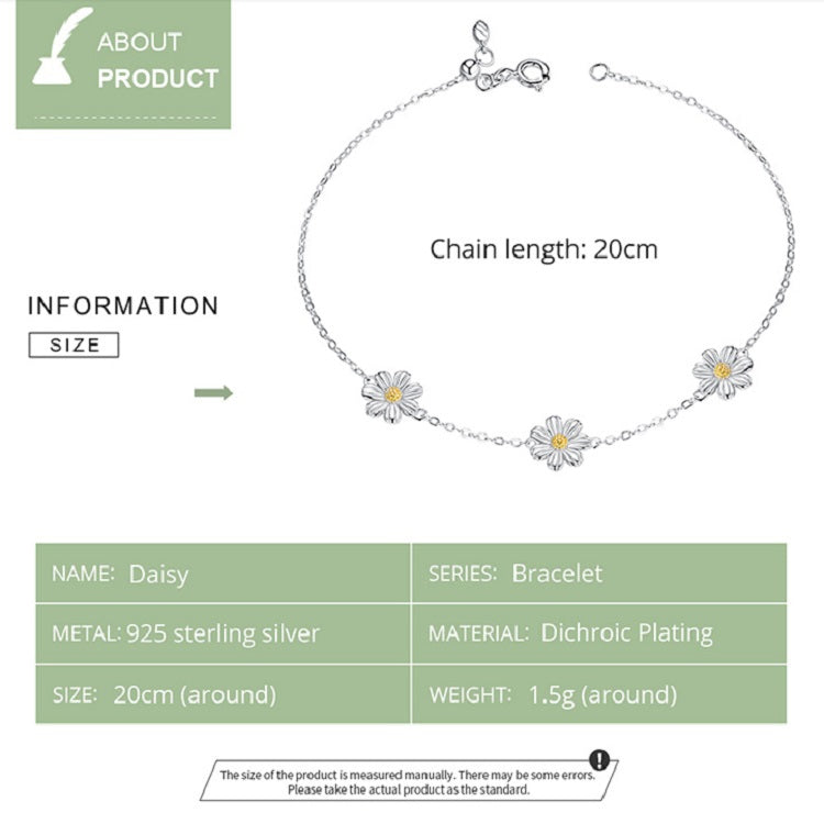Silver daisy bracelet with yellow center flowers and lobster clasp
