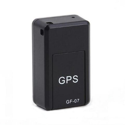 Black mini GPS tracker locator, GF-07 front panel with GPS logo