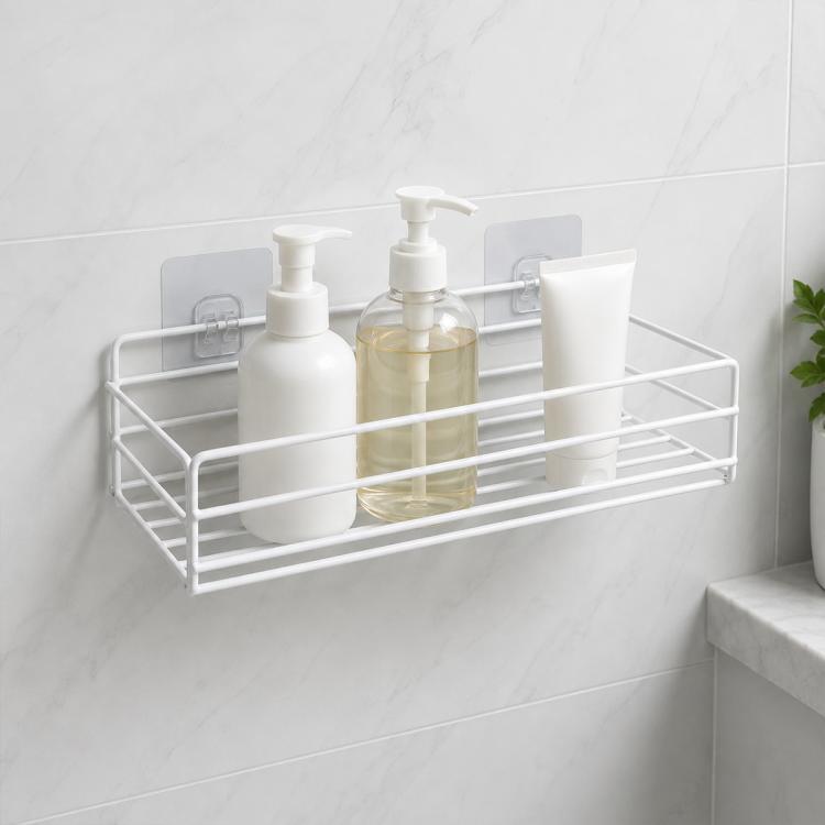 White wall-mounted wrought iron bathroom shelf rack with two wire tiers