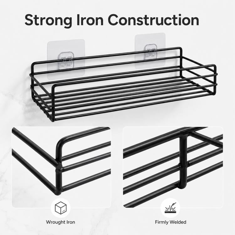 Black wall-mounted shelf rack with welded corner frame and wire grid tiers