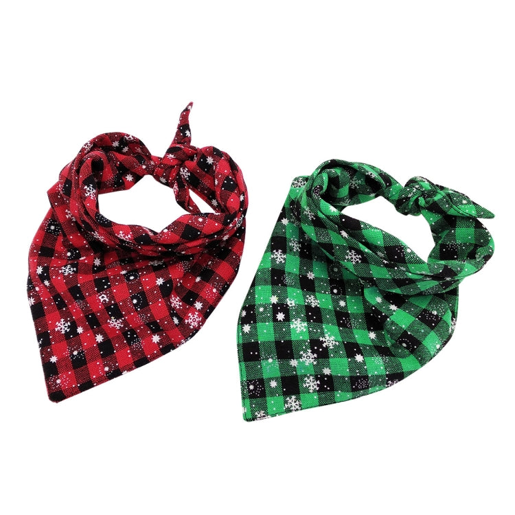 Pet triangle bandana towels in red and green plaid with white snowflake accents