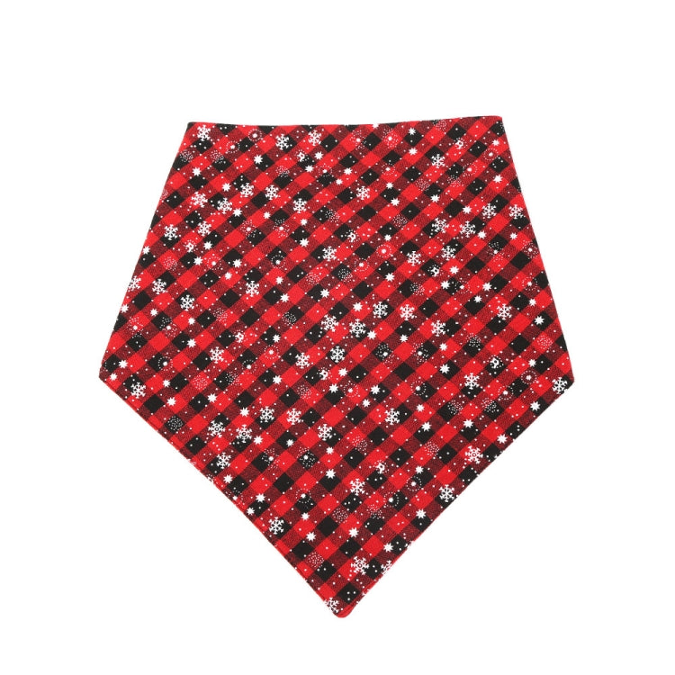 Pet triangle bandana towel in red and black plaid with white snowflake pattern