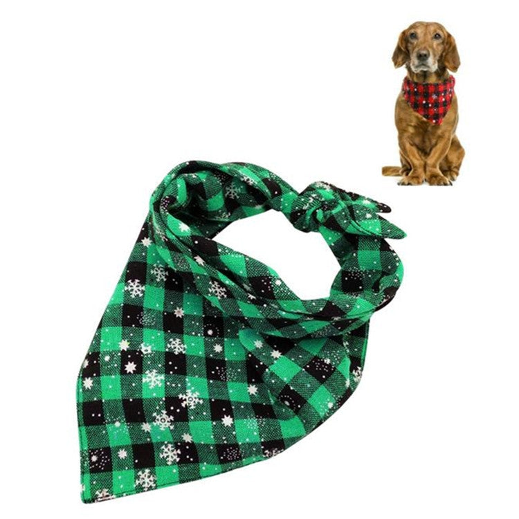 Pet triangle bandana towel in green and black plaid with white snowflake pattern