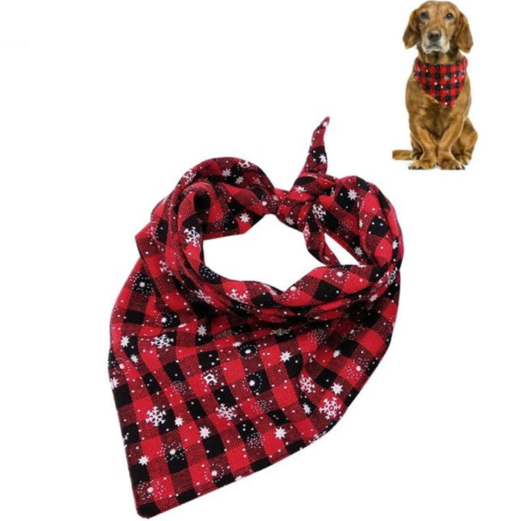 Pet triangle bandana towel in red and black plaid with white snowflake pattern