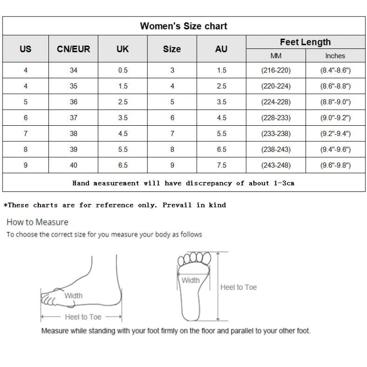 Women’s size chart table for shoes with US, EU/UK, and foot-length measurements