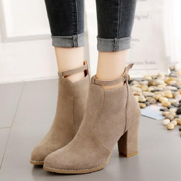 Camel suede pointed-toe ankle boots with buckle strap and chunky block heels