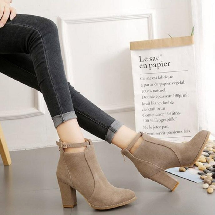 Camel suede pointed-toe ankle boots with buckle strap and block heel, side view