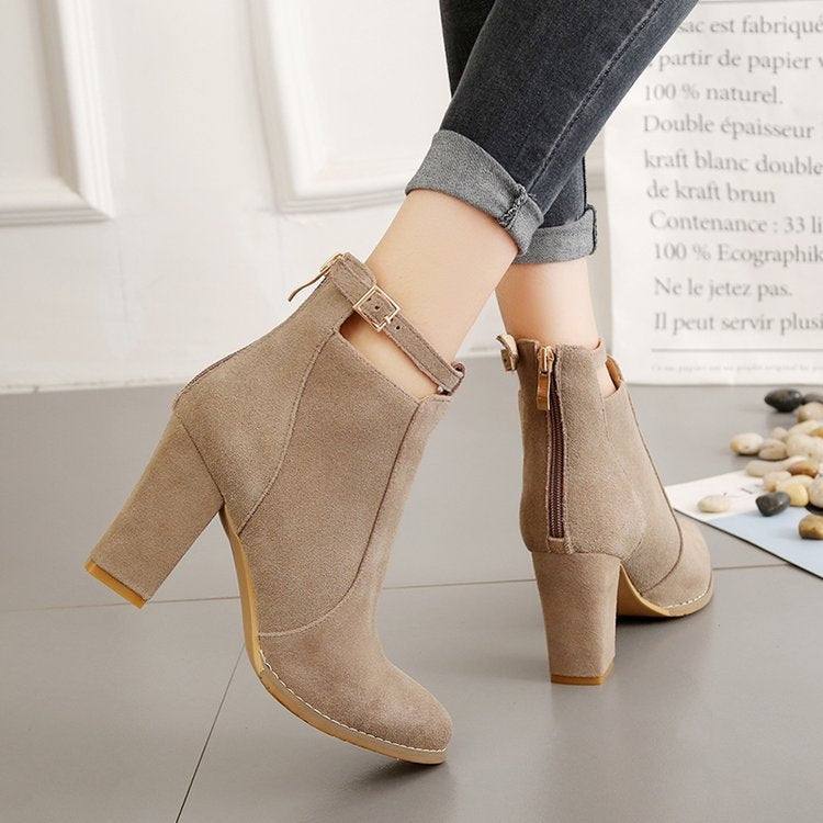 Camel suede ankle boots with buckle strap and side zipper, block heel