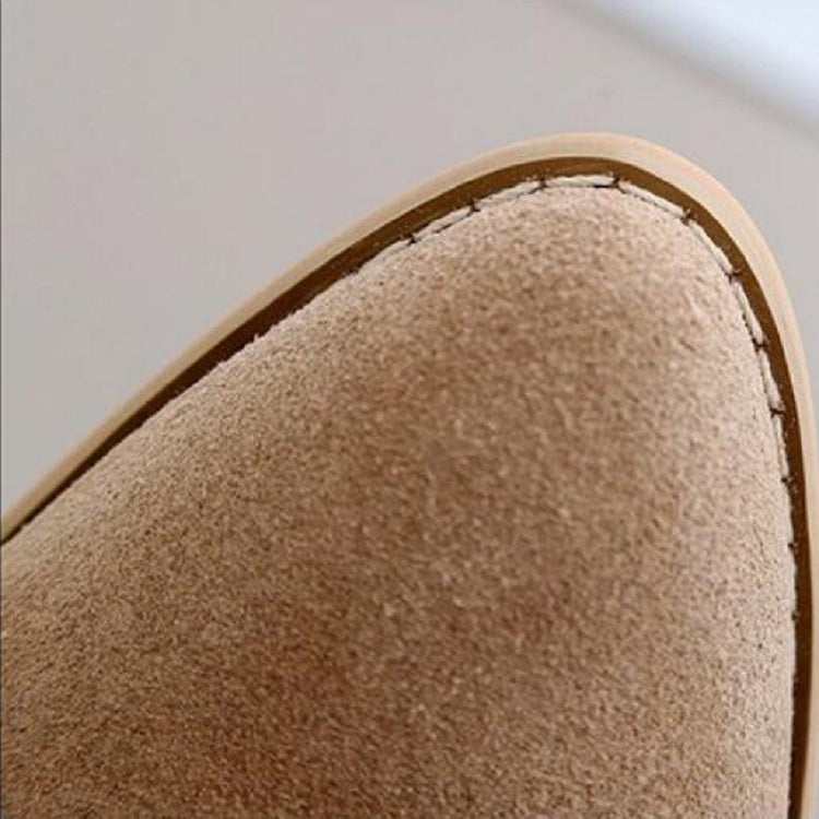 Camel suede boot toe with textured finish and stitched edge