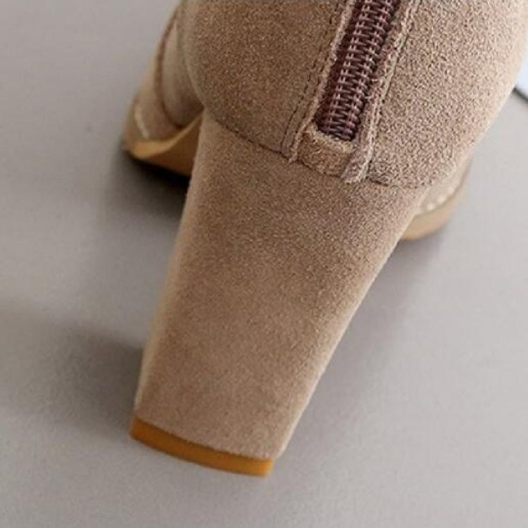 Camel suede ankle boot back view with side zipper and block heel